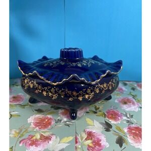Boris Kidric Bowl Old Fine Porcelain Cobalt Blue Footed & Lidded Bowl Yugoslavia